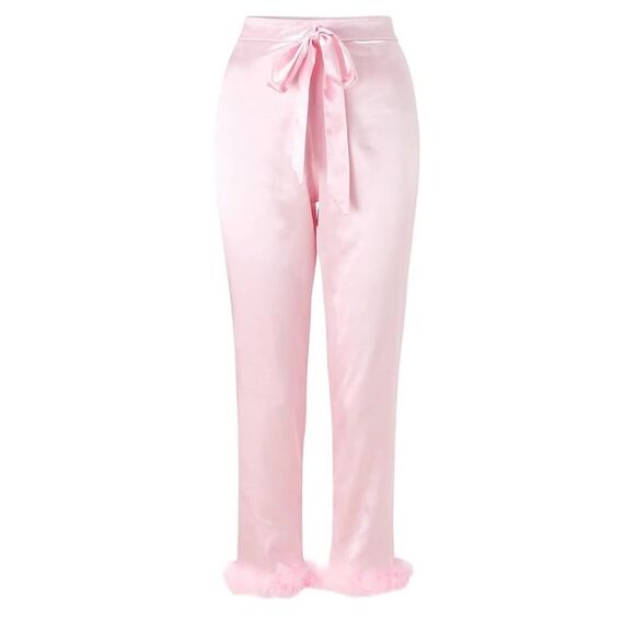 Pink Satin Feather Trim Pajama Pants Sz S NWOT - Picture 1 of 8